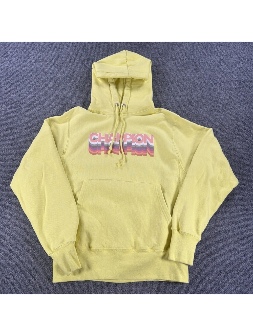 Champion Reverse Weave Yellow Retro Graphic Hoodie Sweatshirt Men's Small